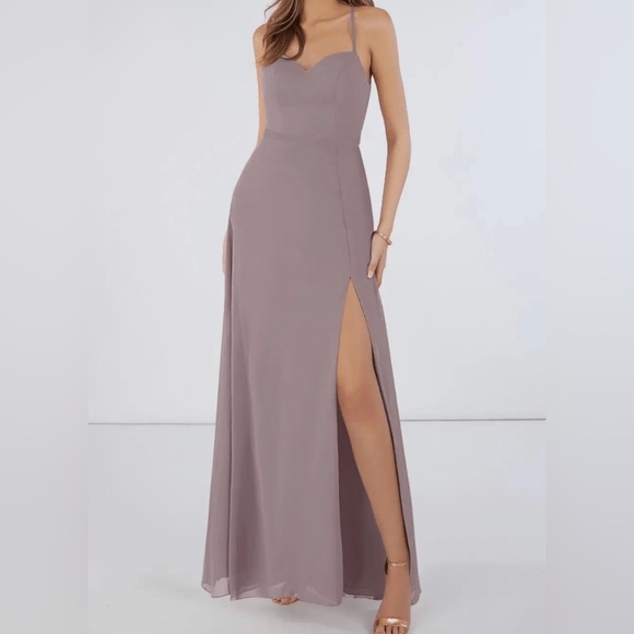 Azazie Dresses & Skirts - Azazie Mandy Maxi Dress in Taupe V Neck Formal Bridesmaid Size A2